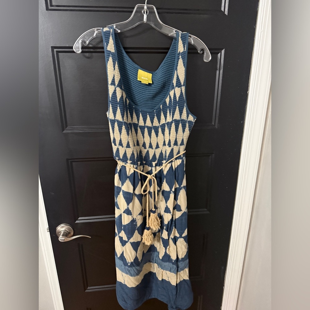 Anthropologie Blue and Cream Geometric Maxi Dress